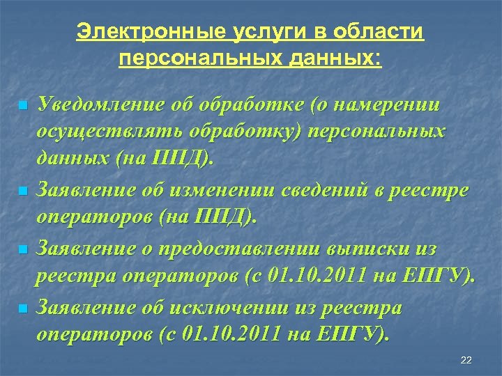 Электронные услуги в области персональных данных: n n Уведомление об обработке (о намерении осуществлять