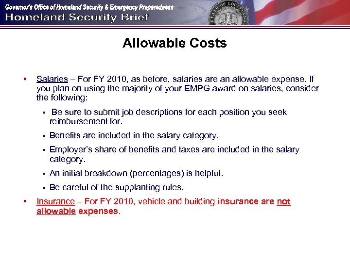 Allowable Costs § Salaries – For FY 2010, as before, salaries are an allowable