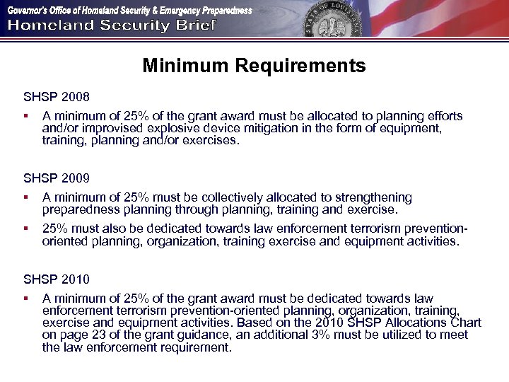 Minimum Requirements SHSP 2008 § A minimum of 25% of the grant award must