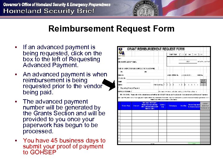 Reimbursement Request Form If an advanced payment is being requested, click on the box