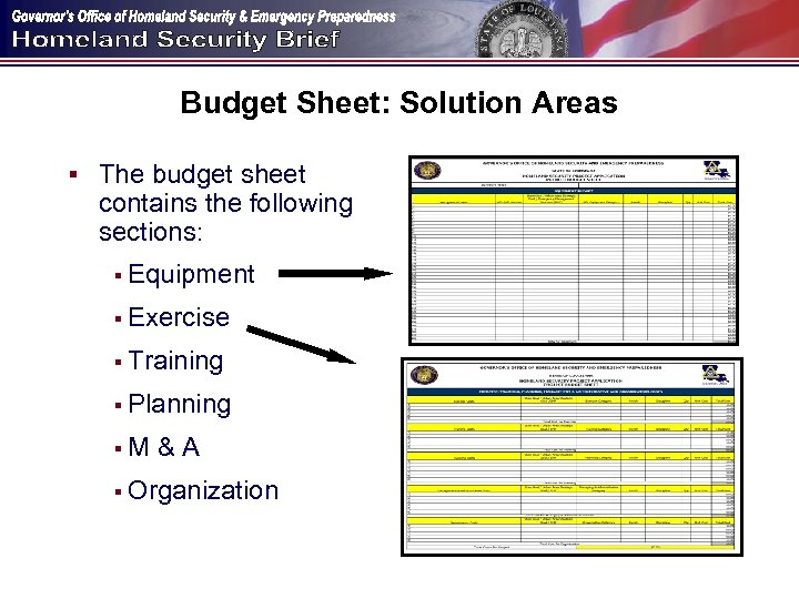 Budget Sheet: Solution Areas § The budget sheet contains the following sections: § Equipment