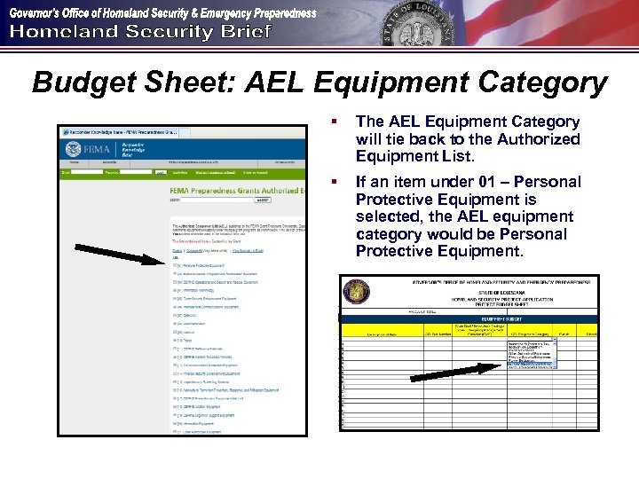 Budget Sheet: AEL Equipment Category § The AEL Equipment Category will tie back to
