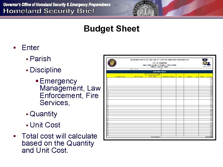 Budget Sheet § Enter § Parish § Discipline § Emergency Management, Law Enforcement, Fire