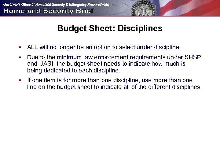 Budget Sheet: Disciplines § ALL will no longer be an option to select under