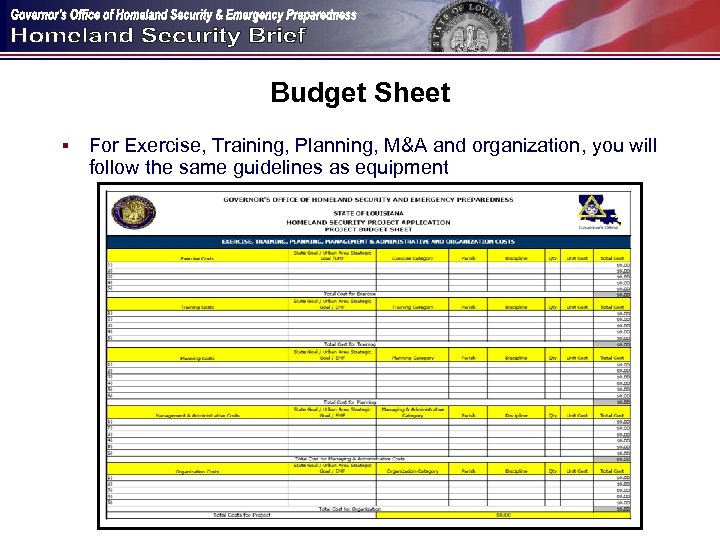 Budget Sheet § For Exercise, Training, Planning, M&A and organization, you will follow the