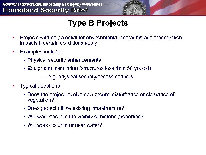 Type B Projects § Projects with no potential for environmental and/or historic preservation impacts