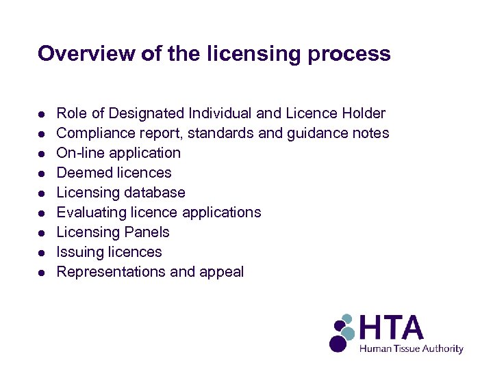 Overview of the licensing process l l l l l Role of Designated Individual