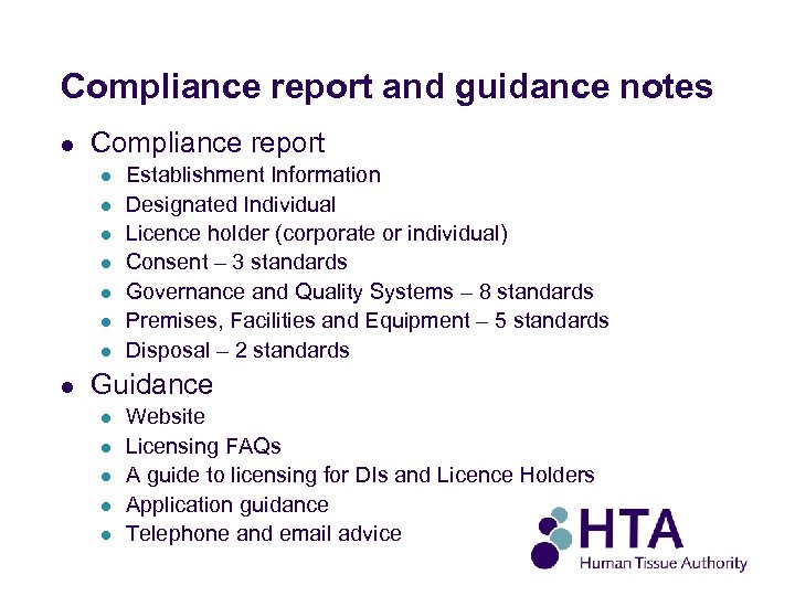 Compliance report and guidance notes l Compliance report l l l l Establishment Information