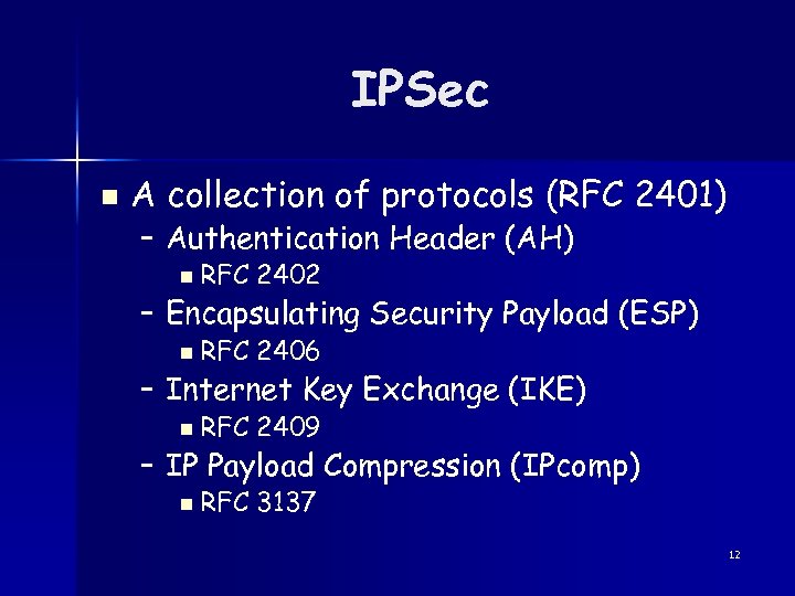 IPSec n A collection of protocols (RFC 2401) – Authentication Header (AH) n RFC