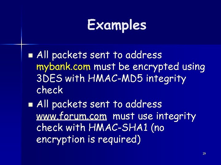 Examples All packets sent to address mybank. com must be encrypted using 3 DES