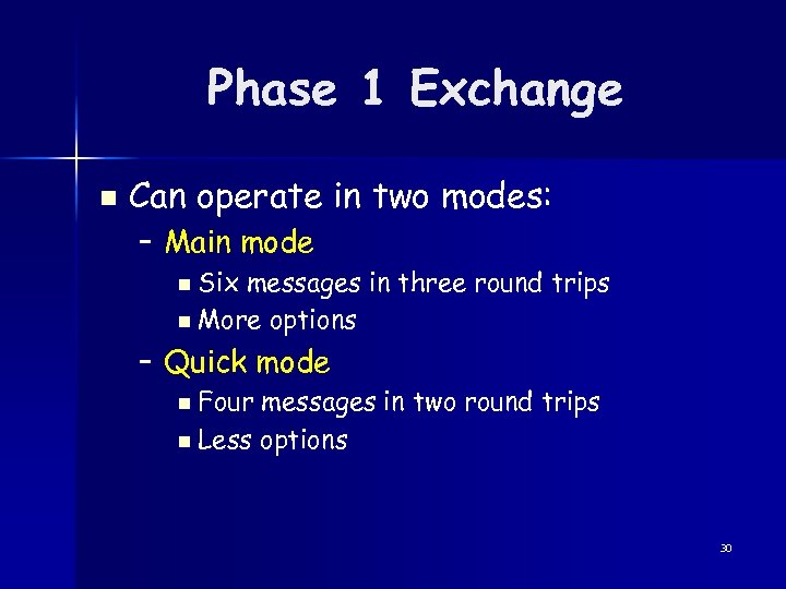 Phase 1 Exchange n Can operate in two modes: – Main mode n Six