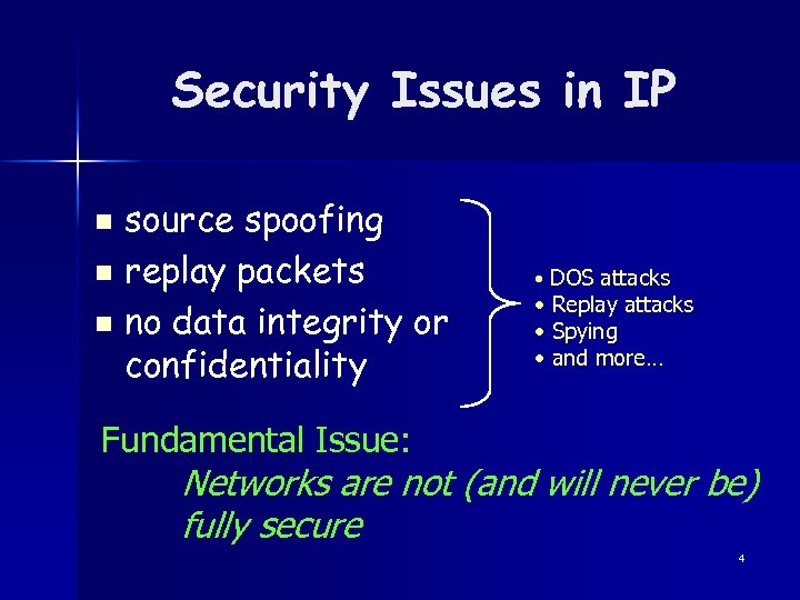 Security Issues in IP source spoofing n replay packets n no data integrity or