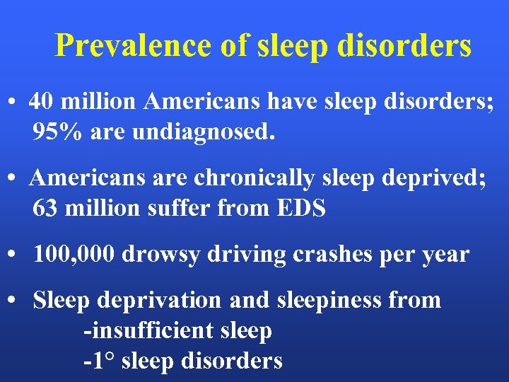 Prevalence of sleep disorders • 40 million Americans have sleep disorders; 95% are undiagnosed.