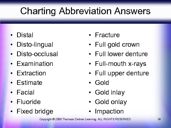 Charting Abbreviation Answers • • • Distal Disto-lingual Disto-occlusal Examination Extraction Estimate Facial Fluoride