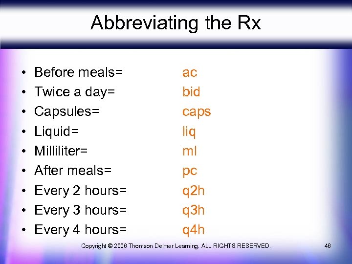 Abbreviating the Rx • • • Before meals= Twice a day= Capsules= Liquid= Milliliter=