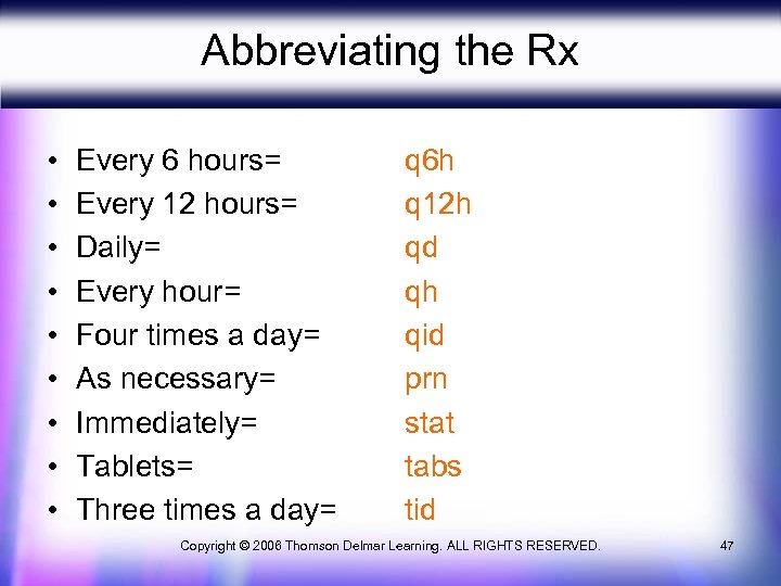 Abbreviating the Rx • • • Every 6 hours= Every 12 hours= Daily= Every