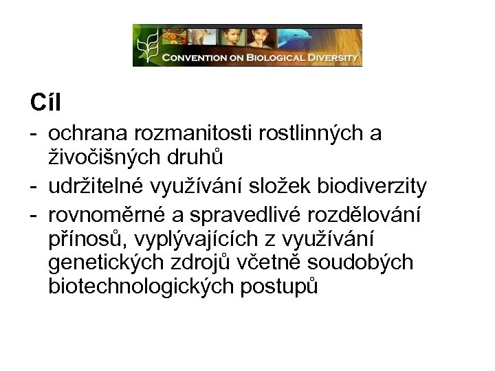 Cíl - ochrana rozmanitosti rostlinných a živočišných druhů - udržitelné využívání složek biodiverzity -