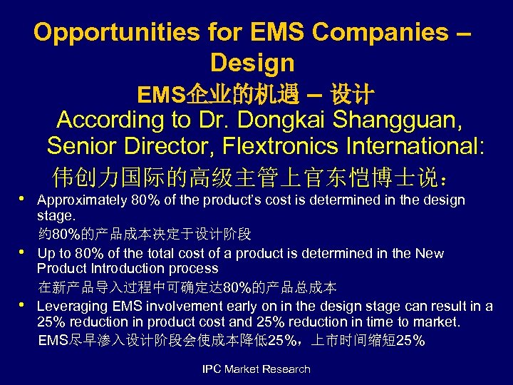 Opportunities for EMS Companies – Design EMS企业的机遇 – 设计 According to Dr. Dongkai Shangguan,