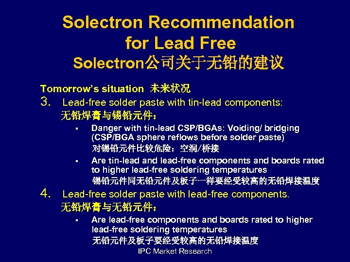 Solectron Recommendation for Lead Free Solectron公司关于无铅的建议 Tomorrow’s situation 未来状况 3. Lead-free solder paste with