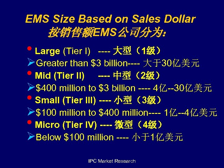 EMS Size Based on Sales Dollar 按销售额EMS公司分为： • Large (Tier I) ---- 大型（1级） ØGreater