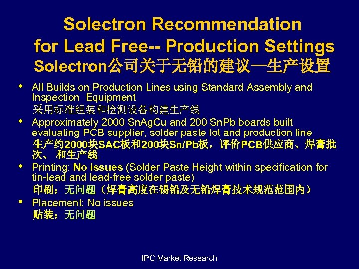 Solectron Recommendation for Lead Free-- Production Settings Solectron公司关于无铅的建议—生产设置 • • All Builds on Production