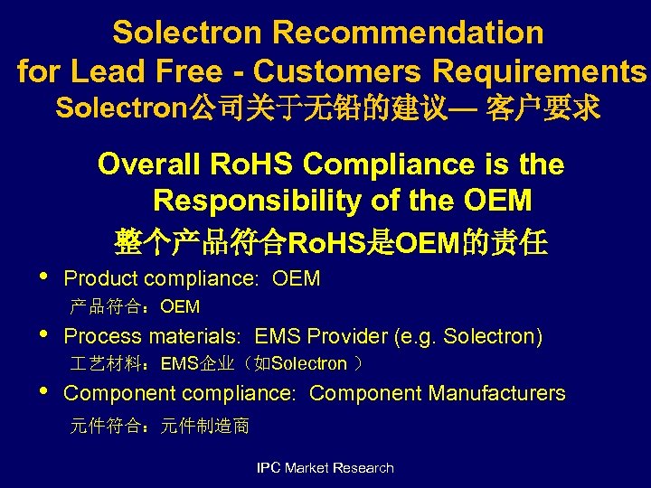 Solectron Recommendation for Lead Free - Customers Requirements Solectron公司关于无铅的建议— 客户要求 Overall Ro. HS Compliance