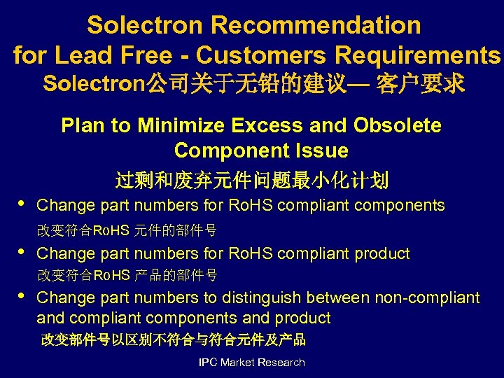 Solectron Recommendation for Lead Free - Customers Requirements Solectron公司关于无铅的建议— 客户要求 Plan to Minimize Excess