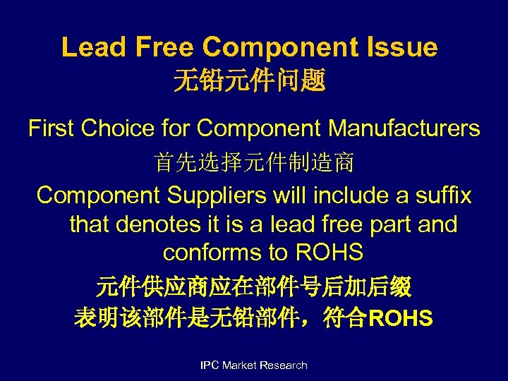 Lead Free Component Issue 无铅元件问题 First Choice for Component Manufacturers 首先选择元件制造商 Component Suppliers will