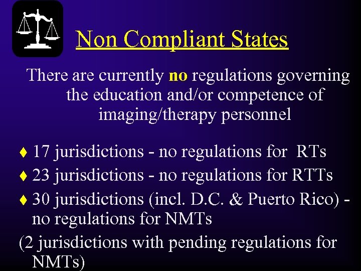 Non Compliant States There are currently no regulations governing the education and/or competence of