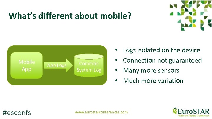 What’s different about mobile? Mobile App Logs Common System Log • • Logs isolated