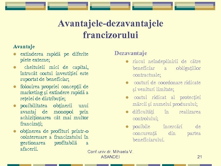 Avantajele-dezavantajele francizorului Avantaje Dezavantaje l extinderea rapidă pe diferite piete externe; l riscul neîndeplinirii