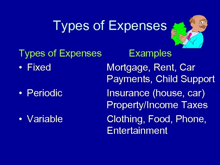 Types of Expenses Examples • Fixed Mortgage, Rent, Car Payments, Child Support • Periodic