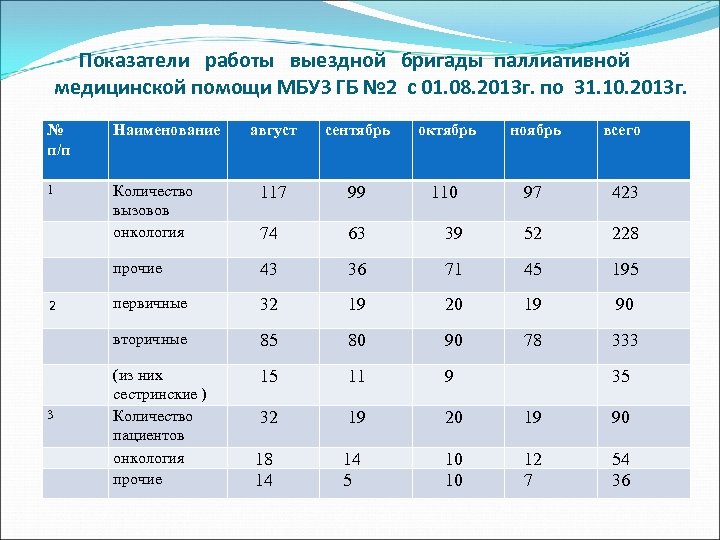 Показатели работы выездной бригады паллиативной медицинской помощи МБУЗ ГБ № 2 с 01. 08.