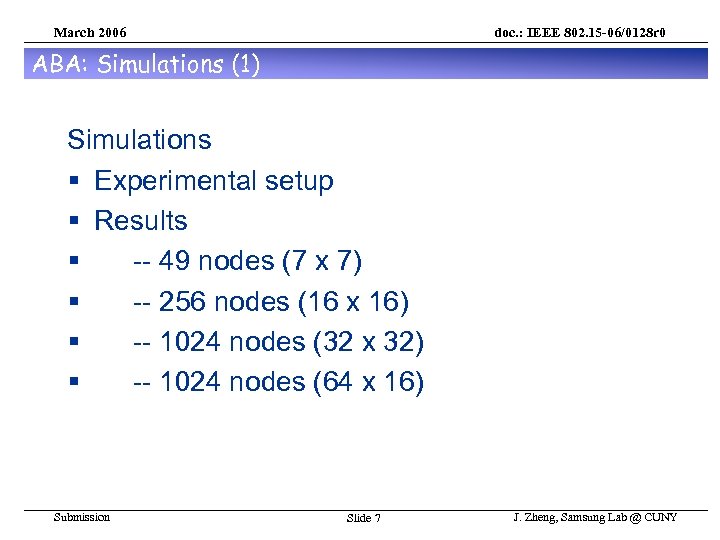 March 2006 doc. : IEEE 802. 15 -06/0128 r 0 ABA: Simulations (1) Simulations