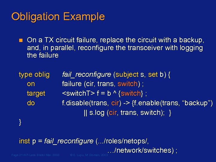 Obligation Example n On a TX circuit failure, replace the circuit with a backup,