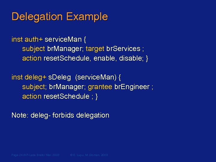 Delegation Example inst auth+ service. Man { subject br. Manager; target br. Services ;