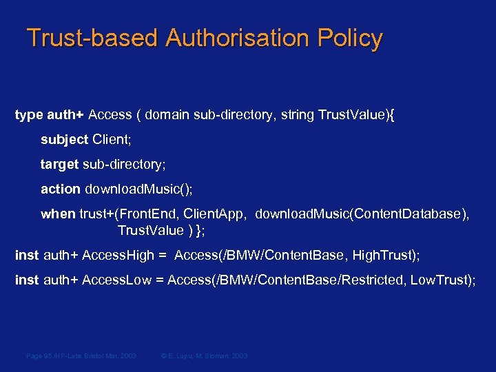 Trust-based Authorisation Policy type auth+ Access ( domain sub-directory, string Trust. Value){ subject Client;