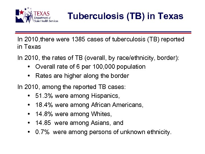 Tuberculosis (TB) in Texas In 2010, there were 1385 cases of tuberculosis (TB) reported