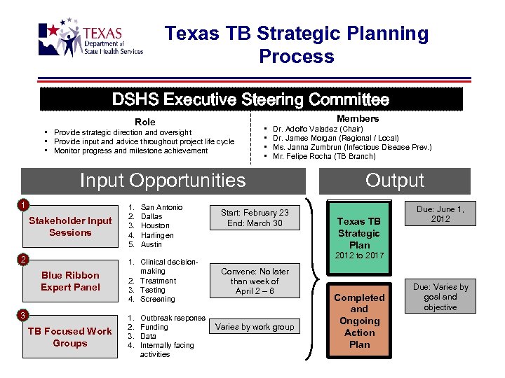 Texas TB Strategic Planning Process DSHS Executive Steering Committee Members Role • Provide strategic