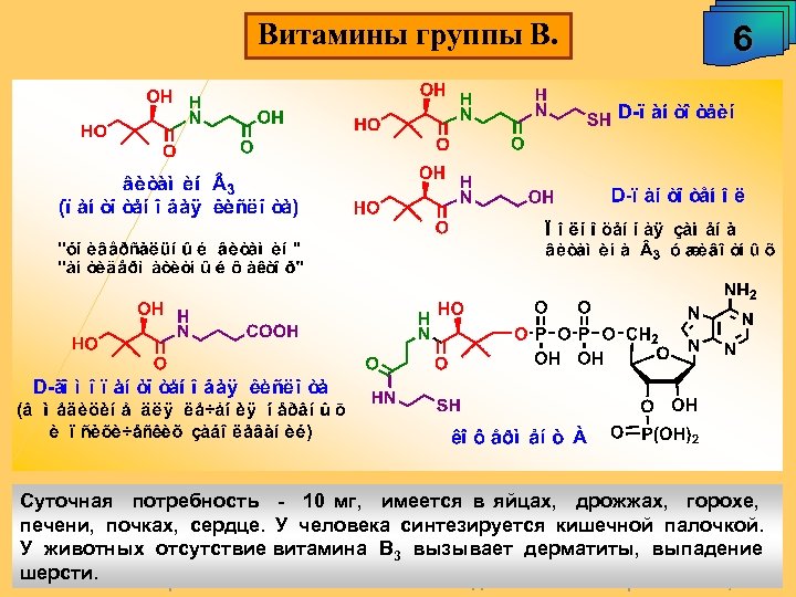 Витамины группы В. 6 Суточная потребность - 10 мг, имеется в яйцах, дрожжах, горохе,