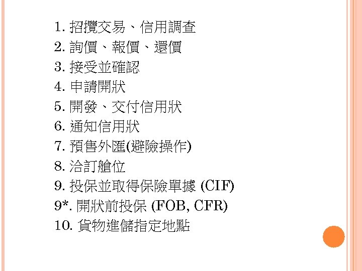 1. 招攬交易、信用調查 2. 詢價、報價、還價 3. 接受並確認 4. 申請開狀 5. 開發、交付信用狀 6. 通知信用狀 7. 預售外匯(避險操作)