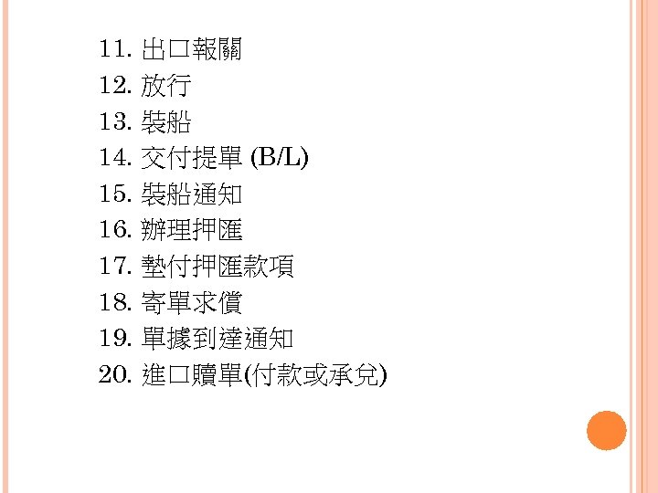 11. 出口報關 12. 放行 13. 裝船 14. 交付提單 (B/L) 15. 裝船通知 16. 辦理押匯 17.