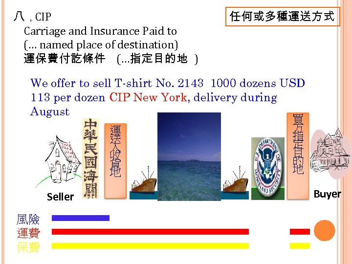 八，CIP Carriage and Insurance Paid to (… named place of destination) 運保費付訖條件 (…指定目的地 )