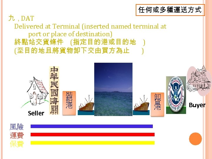 任何或多種運送方式 九，DAT Delivered at Terminal (inserted named terminal at port or place of destination)