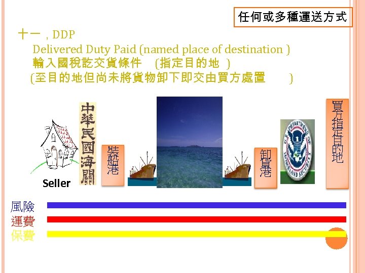 任何或多種運送方式 十一，DDP Delivered Duty Paid (named place of destination ) 輸入國稅訖交貨條件 (指定目的地 ) (至目的地但尚未將貨物卸下即交由買方處置