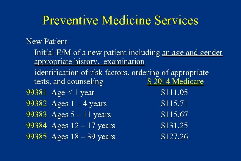 Preventive Medicine Services New Patient Initial E/M of a new patient including an age