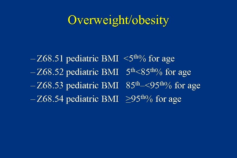 Overweight/obesity – Z 68. 51 pediatric BMI – Z 68. 52 pediatric BMI –