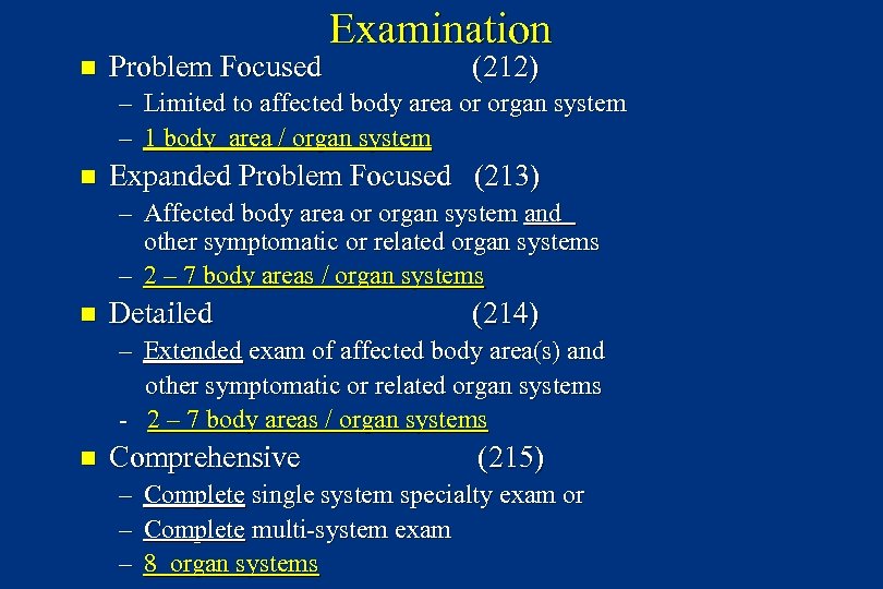n Problem Focused Examination (212) – Limited to affected body area or organ system