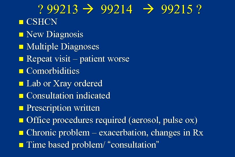 ? 99213 99214 99215 ? CSHCN n New Diagnosis n Multiple Diagnoses n Repeat
