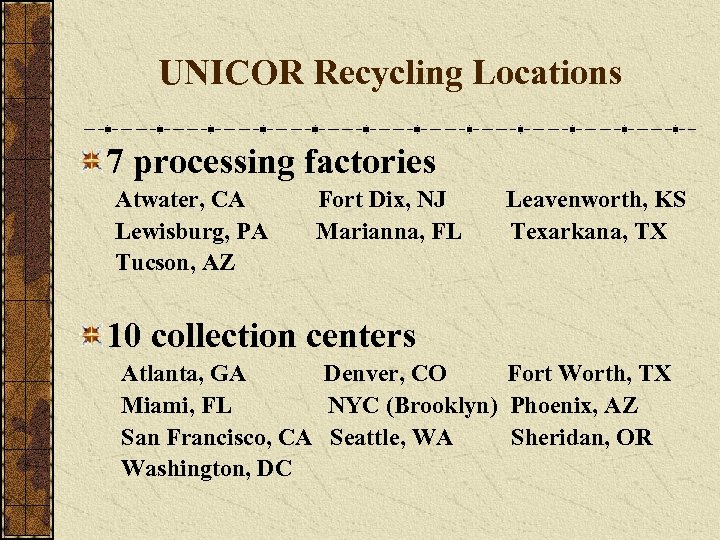 UNICOR Recycling Locations 7 processing factories Atwater, CA Lewisburg, PA Tucson, AZ Fort Dix,